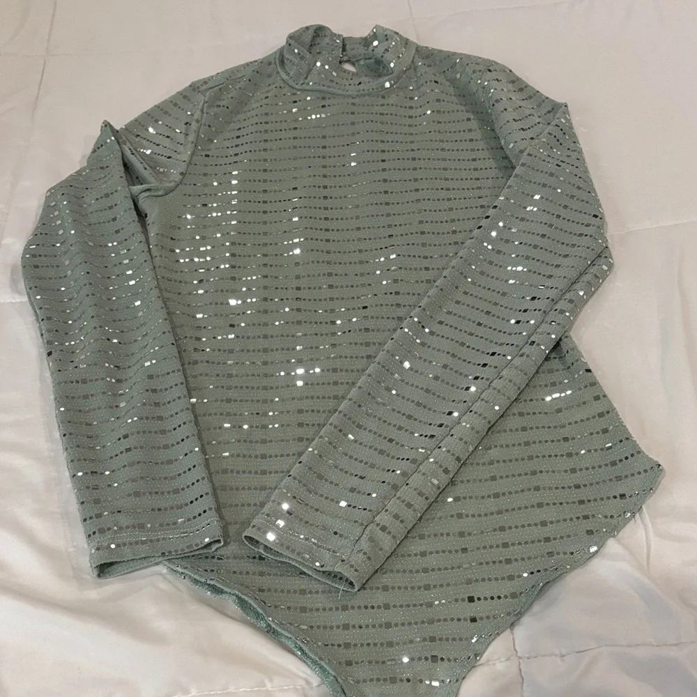 iris Sage Green Sequin Stripe Long-Sleeve Bodysuit